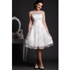 Sexy A-line Sheer Jewel Neck V Back Pearled Layered Knee Length Lace Bridal Dress