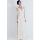 A-line Scalloped V-neck Sheer Long Sleeves Empire Waist Pleated Sweep Lace Wedding Dress