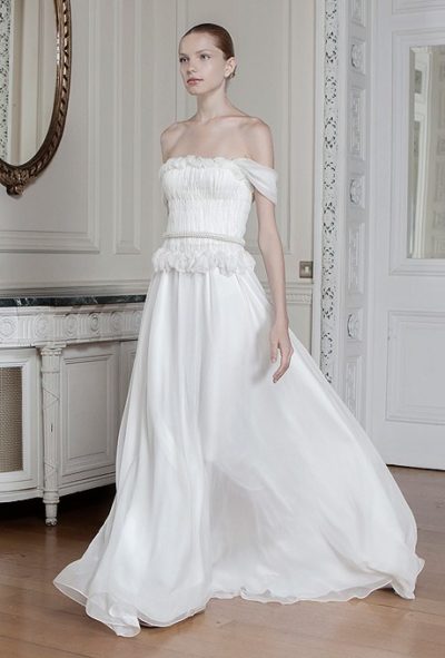 off-the-shoulder silk chiffon A-line wedding dress with a ruffled bodice, Sophia Kokosalaki