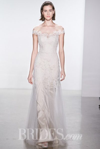 Corded lace sheath wedding dress with an illusion high neckline and cap sleeves, Christos