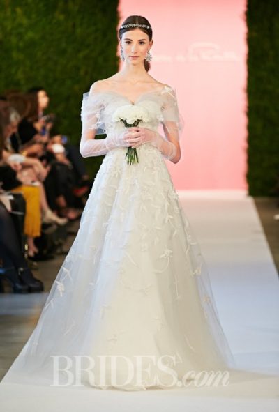 Off-the-shoulder tulle A-line wedding dress with taffeta embroidery detail, Oscar de la Renta