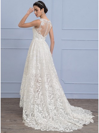princess scoop neck asymmetrical lace wedding dress