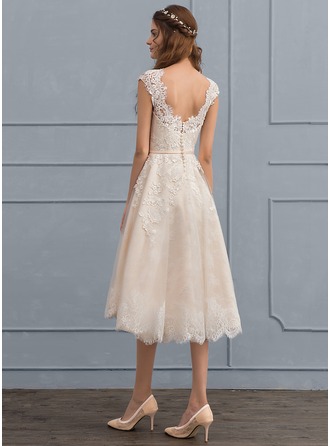 princess scoop neck knee-length tulle lace wedding dress 