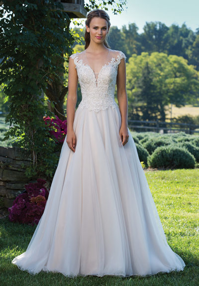 Illusion V-Neck Gown with Corded Lace Cap Sleeves