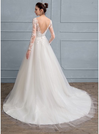  ball-gown v-neck court train tulle lace wedding dress with sequins