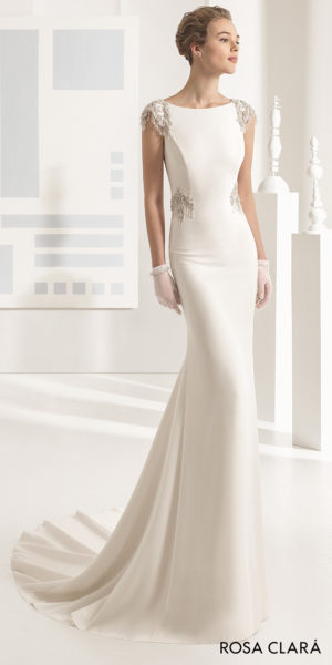 a chic crepe column gown with beautiful neckline