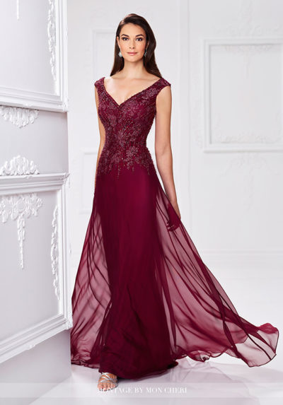 Two-tone chiffon and lace A-line gown with slight cap sleeves