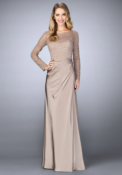 Captivating jersey gown with soft gathers at the waist and beautiful beaded lace bodice