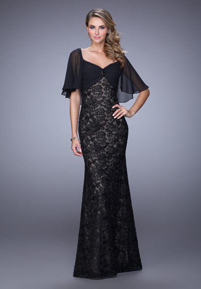 Ravishing lace dress with sweetheart neckline and gemstone center accent