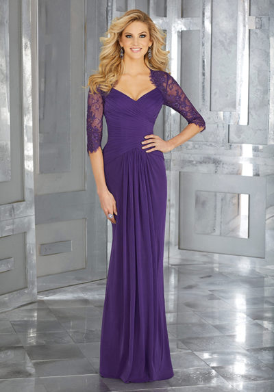 Stretch Mesh Social Occasion Gown with Beaded Lace 3/4 Sleeves