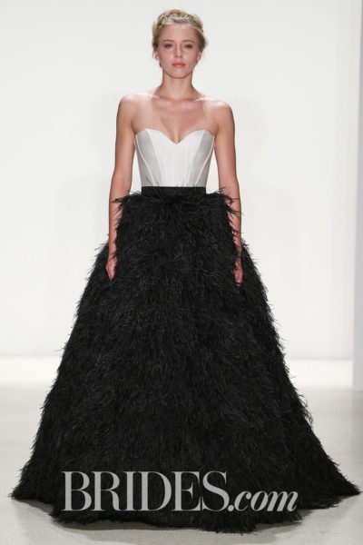 Ball gown with black feather skirt and ivory bodice by Kelly Faetanini