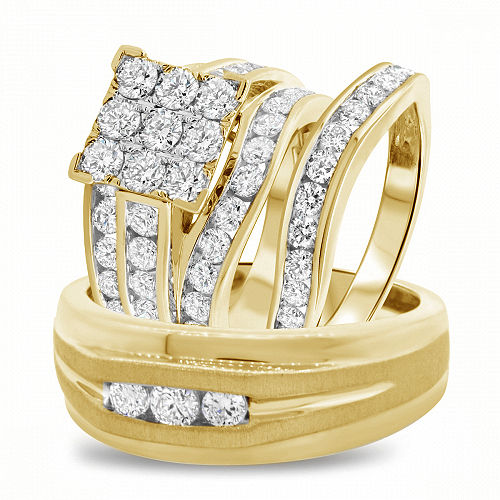 Yellow Gold Trio His And Her Bridal Band Engagement Ring 