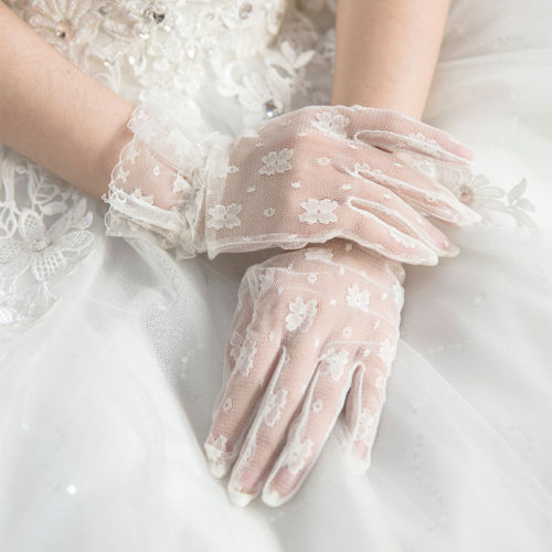White Full Fingers Short Lace Wedding Bridal Gloves